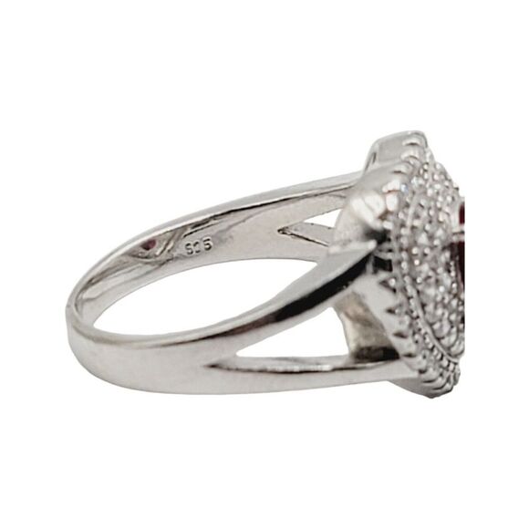 925 Sterling Silver Rhodium Plated Genuine Ruby Clear CZ Heart Shaped Ring - Picture 8 of 9